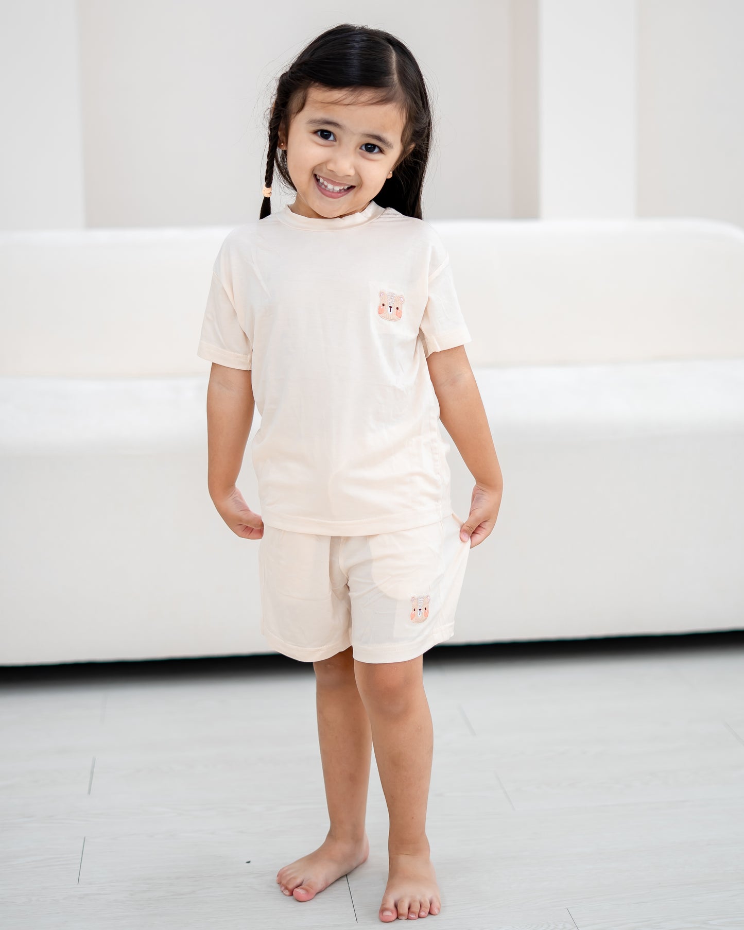 LeBear TENCEL™ kids lounge set cream full set girl soft breathable premium kids pyjamas Singapore neutral sleepwear