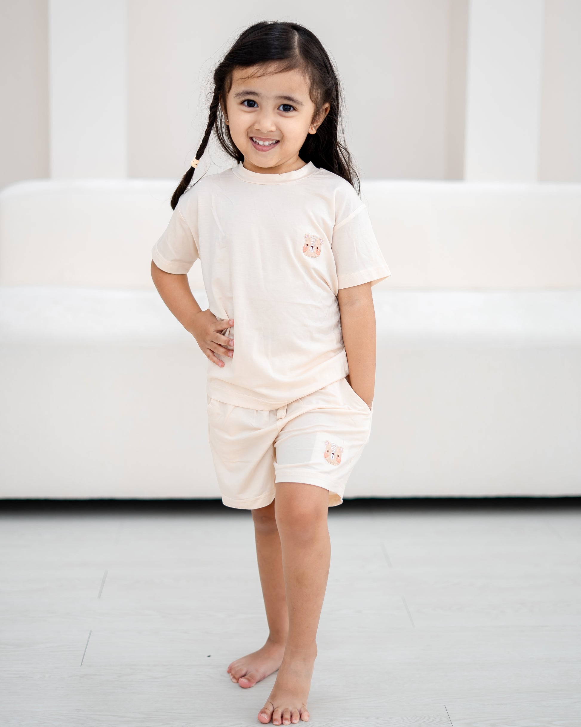 LeBear TENCEL™ kids lounge set cream lifestyle girl soft breathable comfortable kids sleepwear neutral pastel outfit Singapore