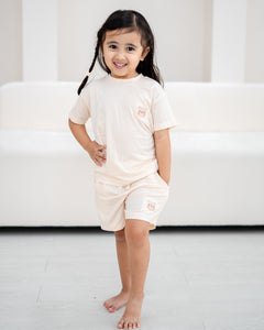 LeBear TENCEL™ kids lounge set cream lifestyle girl soft breathable comfortable kids sleepwear neutral pastel outfit Singapore