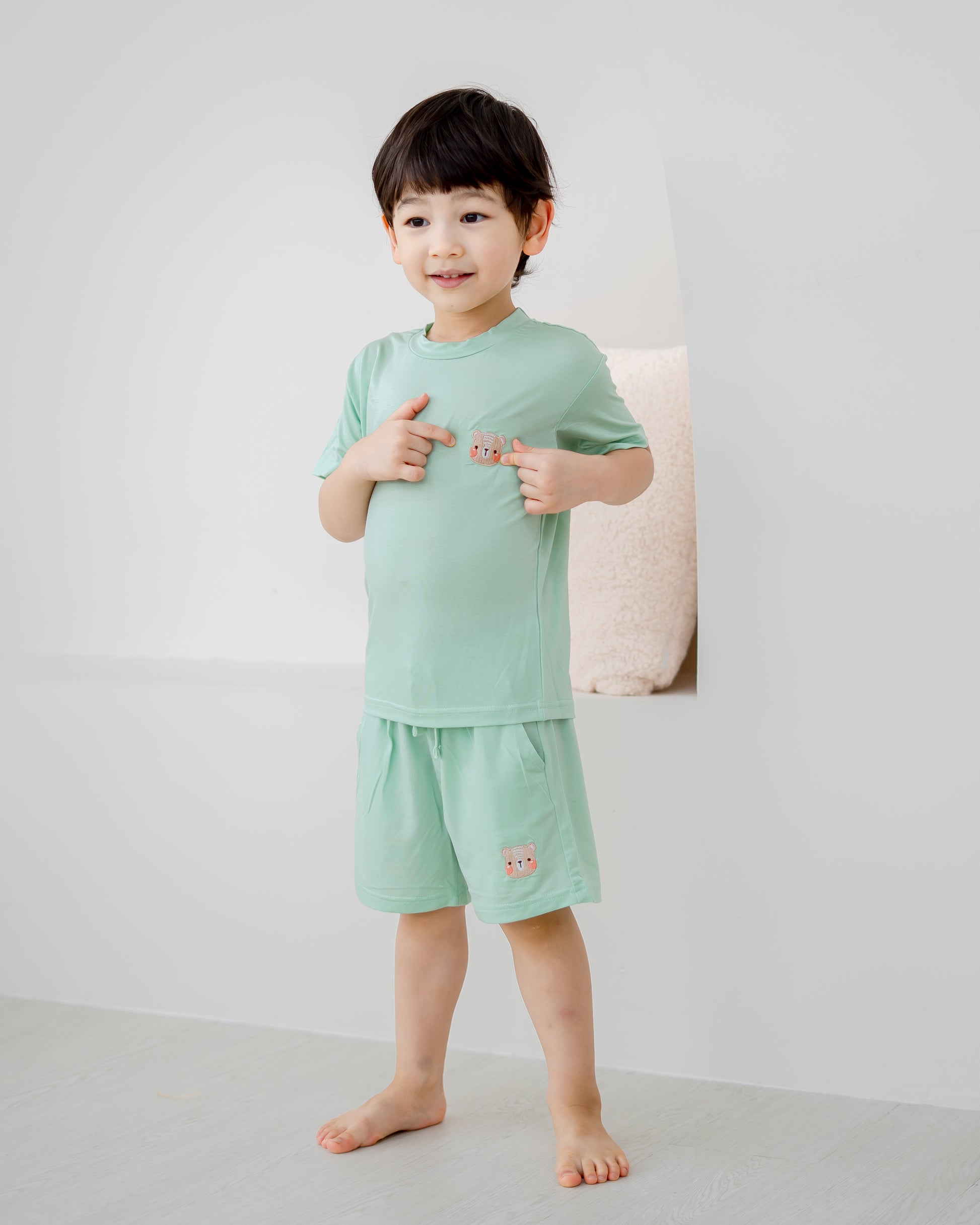 LeBear TENCEL™ kids lounge set mint logo detail bear embroidery soft breathable premium kids pyjamas Singapore