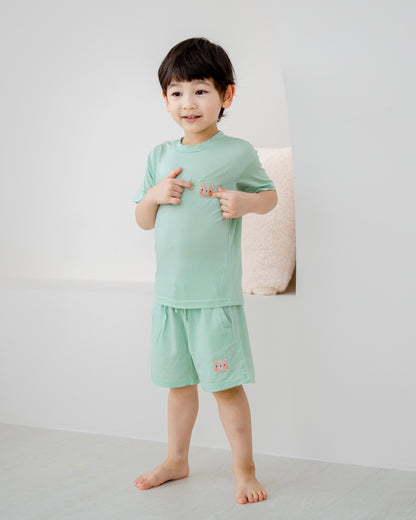 LeBear TENCEL™ kids lounge set mint logo detail bear embroidery soft breathable premium kids pyjamas Singapore