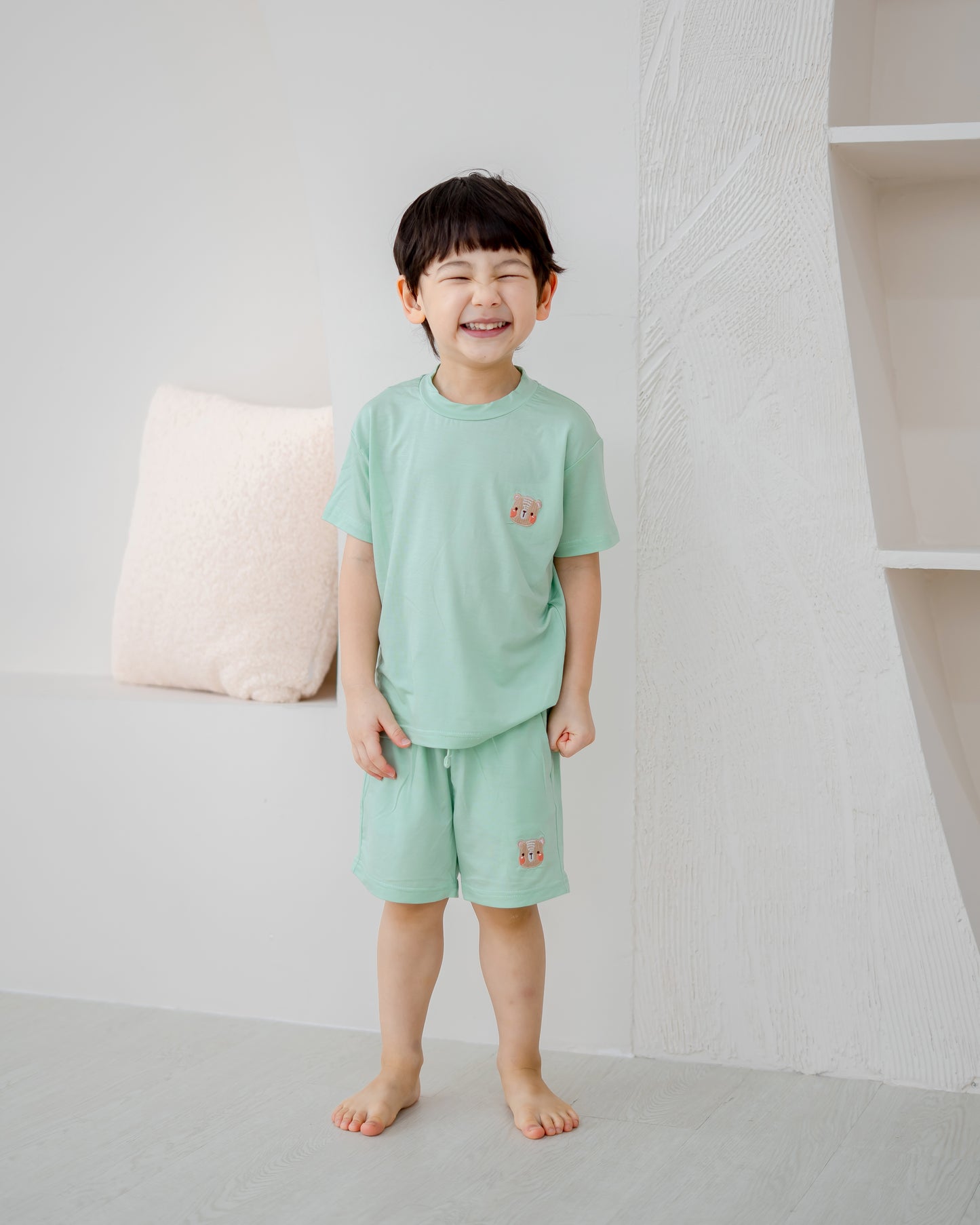 LeBear TENCEL™ kids lounge set mint smiling boy soft breathable comfortable kids sleepwear pastel outfit Singapore