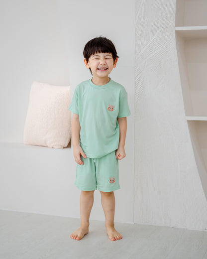 LeBear TENCEL™ kids lounge set mint smiling boy soft breathable comfortable kids sleepwear pastel outfit Singapore