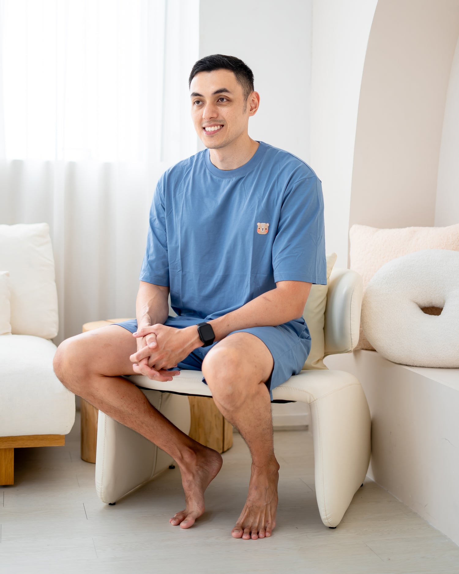 LeBear TENCEL™ men lounge set blue sitting lifestyle soft breathable comfortable mens loungewear Singapore