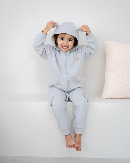 Kids wearing LeBear Voyabear hooded jacket in cloud grey premium cotton front view