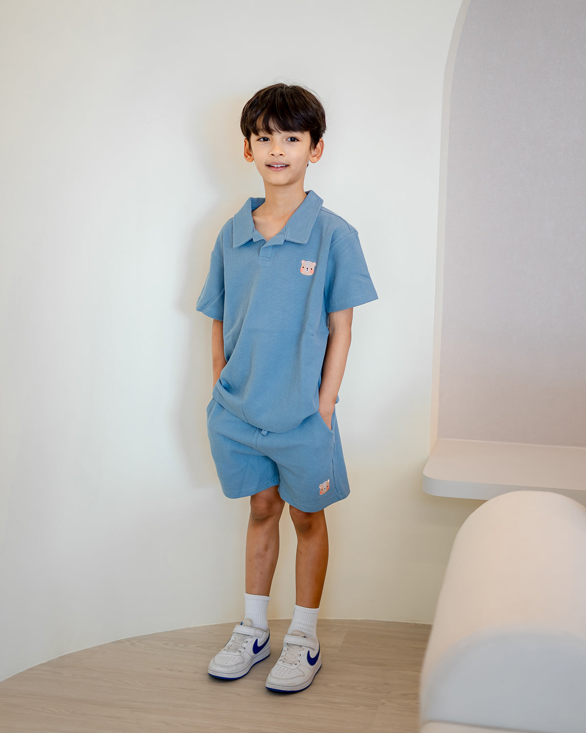 LeBear Waffle Collar Set in sky blue, unisex kids outfit with drawstring shorts and bear embroidery detail