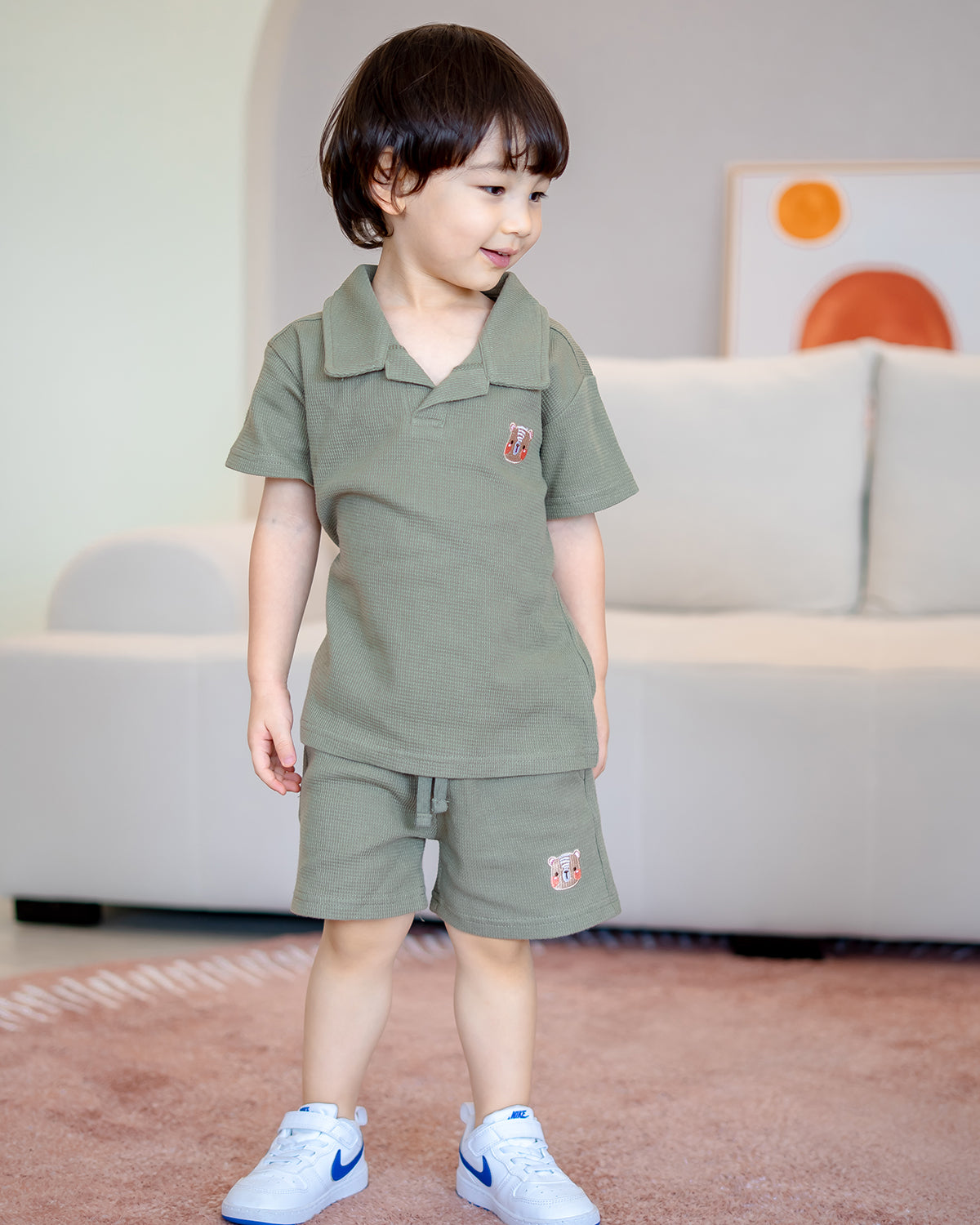 LeBear Waffle Collar Set in olive green, unisex kids outfit with drawstring shorts and embroidered bear detail