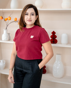 Close-up of LEBEAR Women’s Red Crop Tee – festive premium cotton apparel