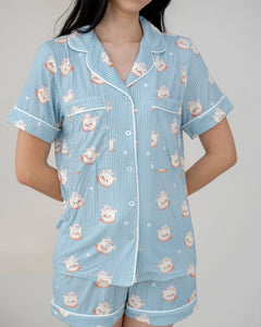 Close-up of Little Dreamer adult bamboo pyjamas shorts set in aqua blue