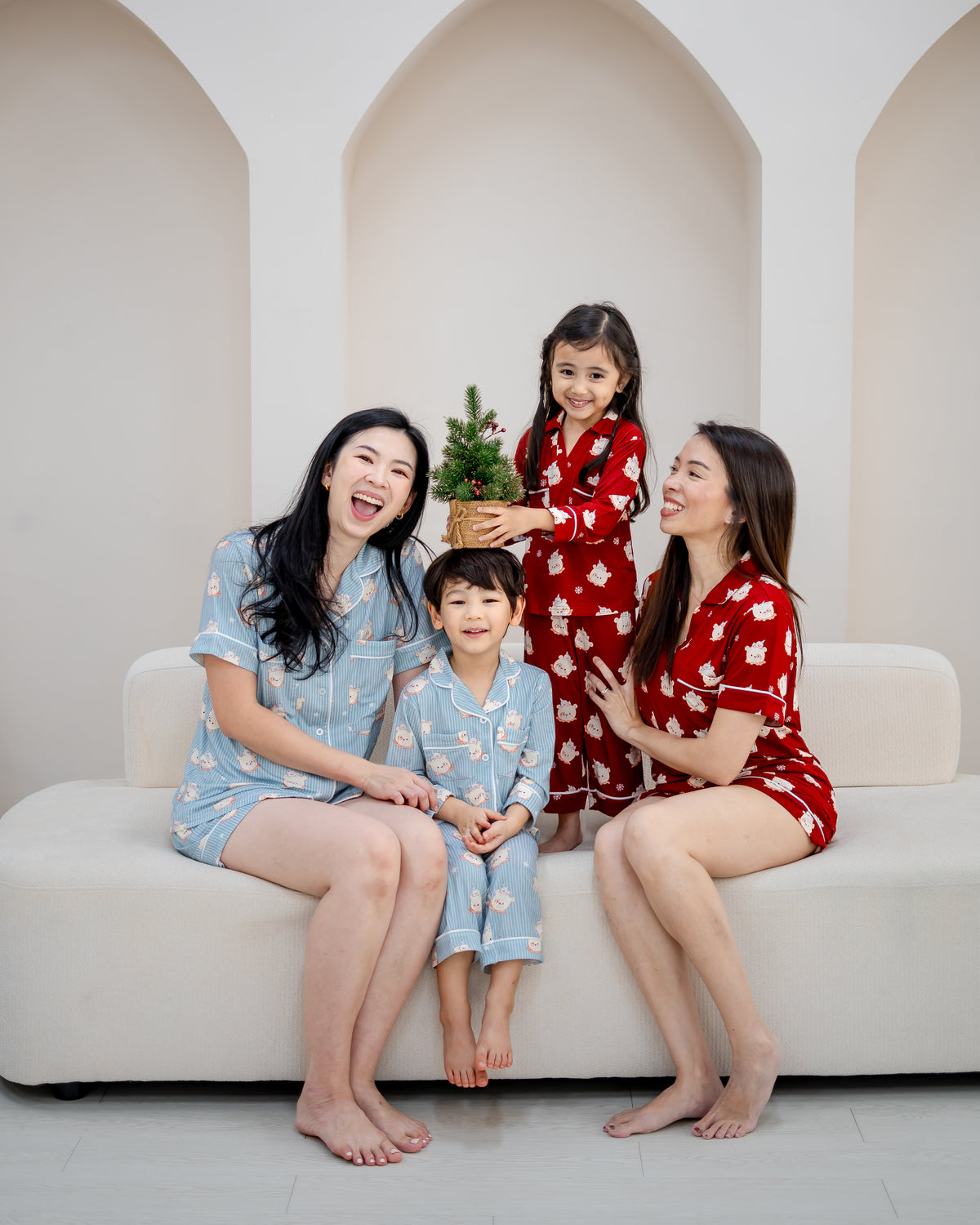 Little Dreamer matching family bamboo pyjamas in red and aqua blue
