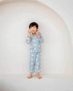 Front view of Little Dreamer kids bamboo pyjamas in aqua blue with bear print