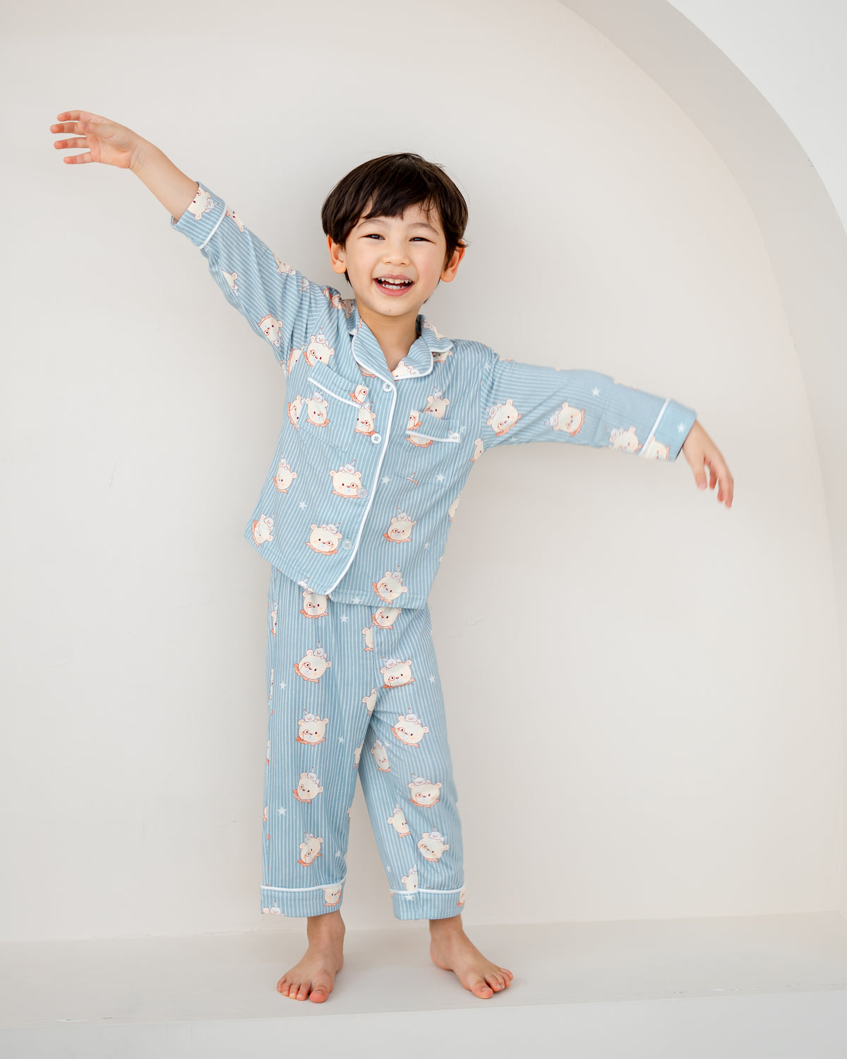 Little Dreamer kids bamboo pyjamas pants set in aqua blue stripe bear print