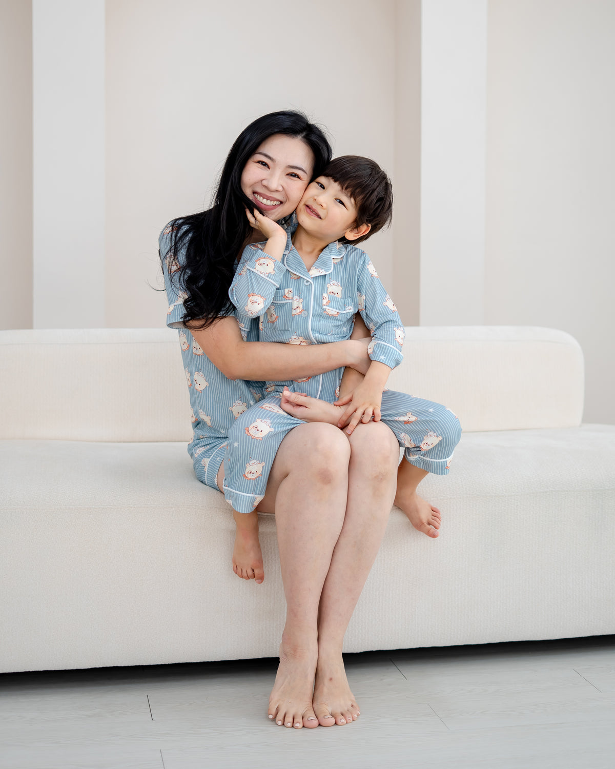 Little Dreamer kids bamboo pyjamas in aqua blue with matching adult family pyjamas