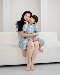 Little Dreamer kids bamboo pyjamas in aqua blue with matching adult family pyjamas