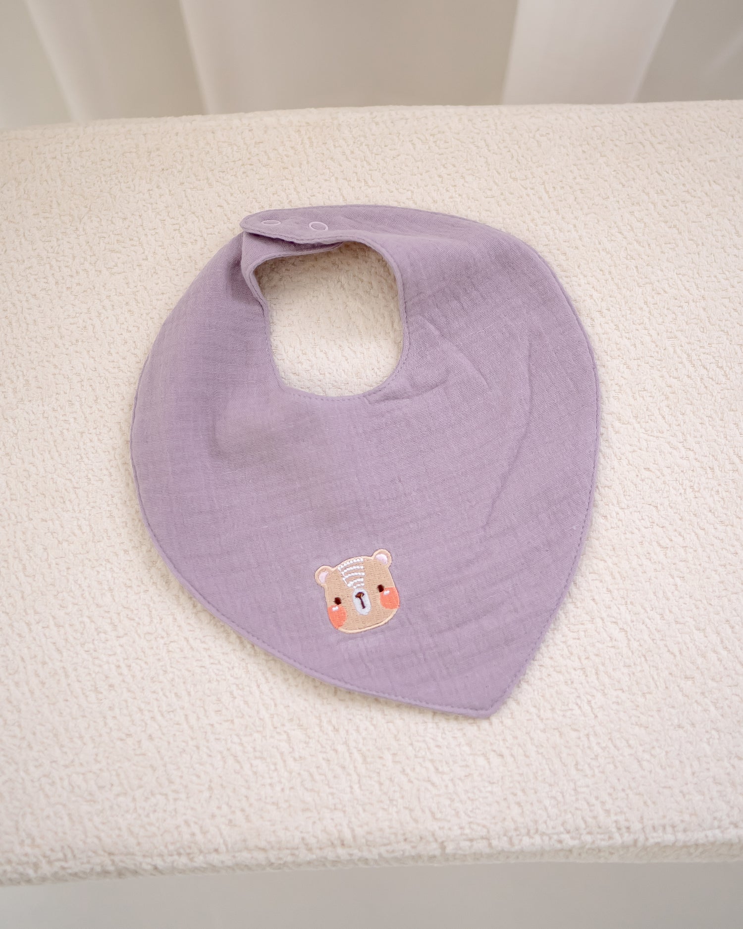 Lilac muslin cotton baby bib with bear embroidery, soft breathable and absorbent for everyday use