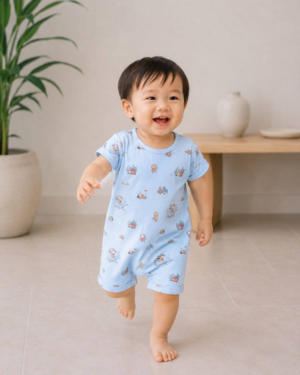 East Asian toddler running happily towards the camera wearing LeBear Ocean Dreams Tencel™ Onesie in Ocean Blue with exclusive ocean-themed print.