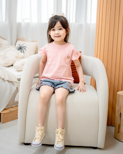 Children’s Odell cotton pink t-shirt with ruffle sleeves, lightweight breathable kidswear for comfort and play