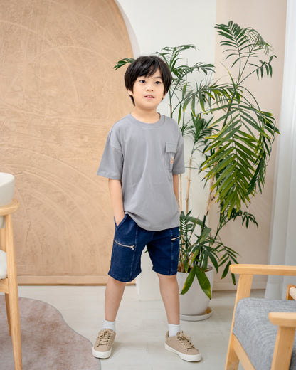 Children’s dark wash denim shorts designed with soft stretchable fabric, durable and comfortable for kids fashion