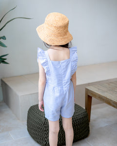 Back view of LeBear Wander & Wonder Kids Stripe Playsuit in Sky Blue.