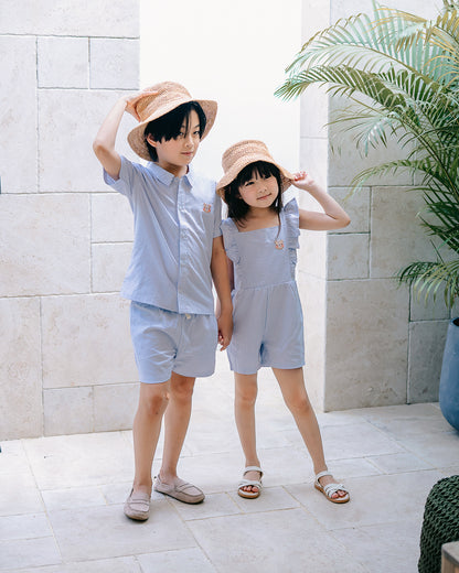 Matching sibling outfits from LeBear Wander & Wonder collection in Sky Blue stripes.